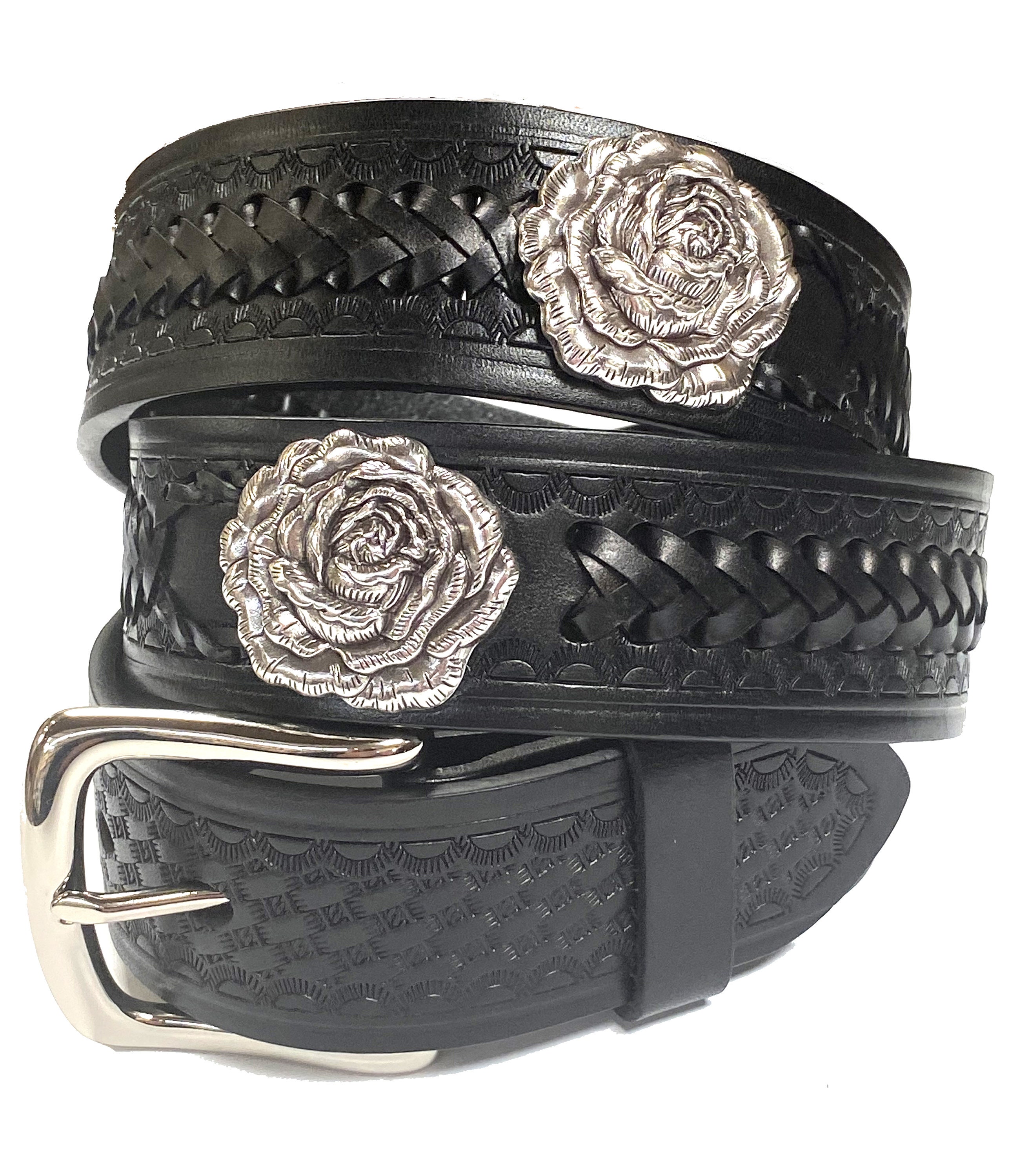 Handmade Woven Leather Belt: Western Rose Conchos, Vintage  display picture 3