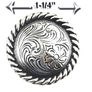 May include: Silver-toned metal button with a rope-like border and a floral design. The button measures 1-1/4 inches in diameter.