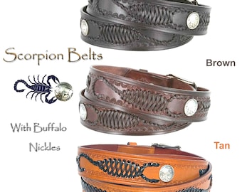 Western Scorpion Vintage Woven Genuine Leather Belt w/ Buffalo Nickle 1-1/2" Wide USA MADE