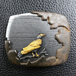 Vintage Antique Black and Gold Crow Engraved 3D Belt Buckle fits 1-1/2 " belt straps