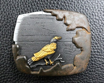 Vintage Antique Black and Gold Crow Engraved 3D Belt Buckle fits 1-1/2 " belt straps