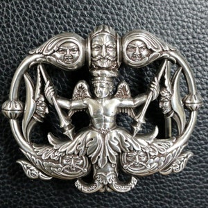 Neptune Celestial Art Nouveau 3D Belt Buckle with Wings and Faces Vintage Style Fits: 1-1/2" Belt straps with snaps