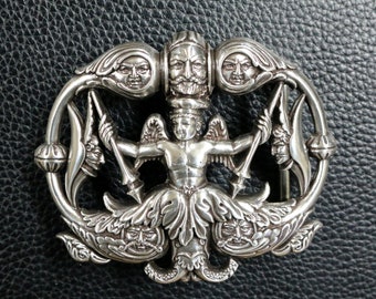 Neptune Celestial Art Nouveau 3D Belt Buckle with Wings and Faces Vintage Style Fits: 1-1/2" Belt straps with snaps