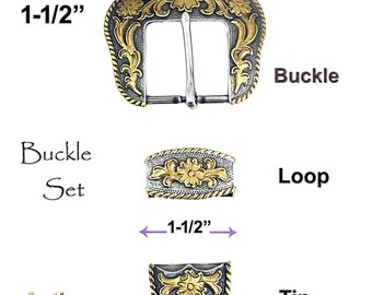 Western 3-D Floral Engraved Hand Polished Belt Buckle Set Fits 1-1/2" (38mm) Belt (Antique Silver and Gold) S5521 ASAG