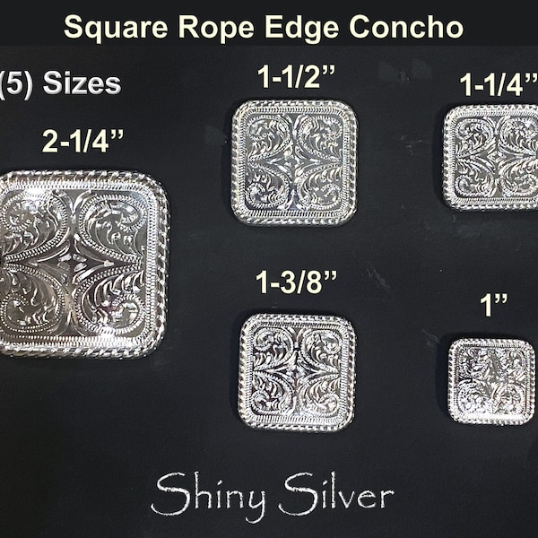 Conchos Lot of 6 PCS Vintage Series Square Rope Edge Western Floral Engraved Shiny Silver Finish 5 Sizes NEW