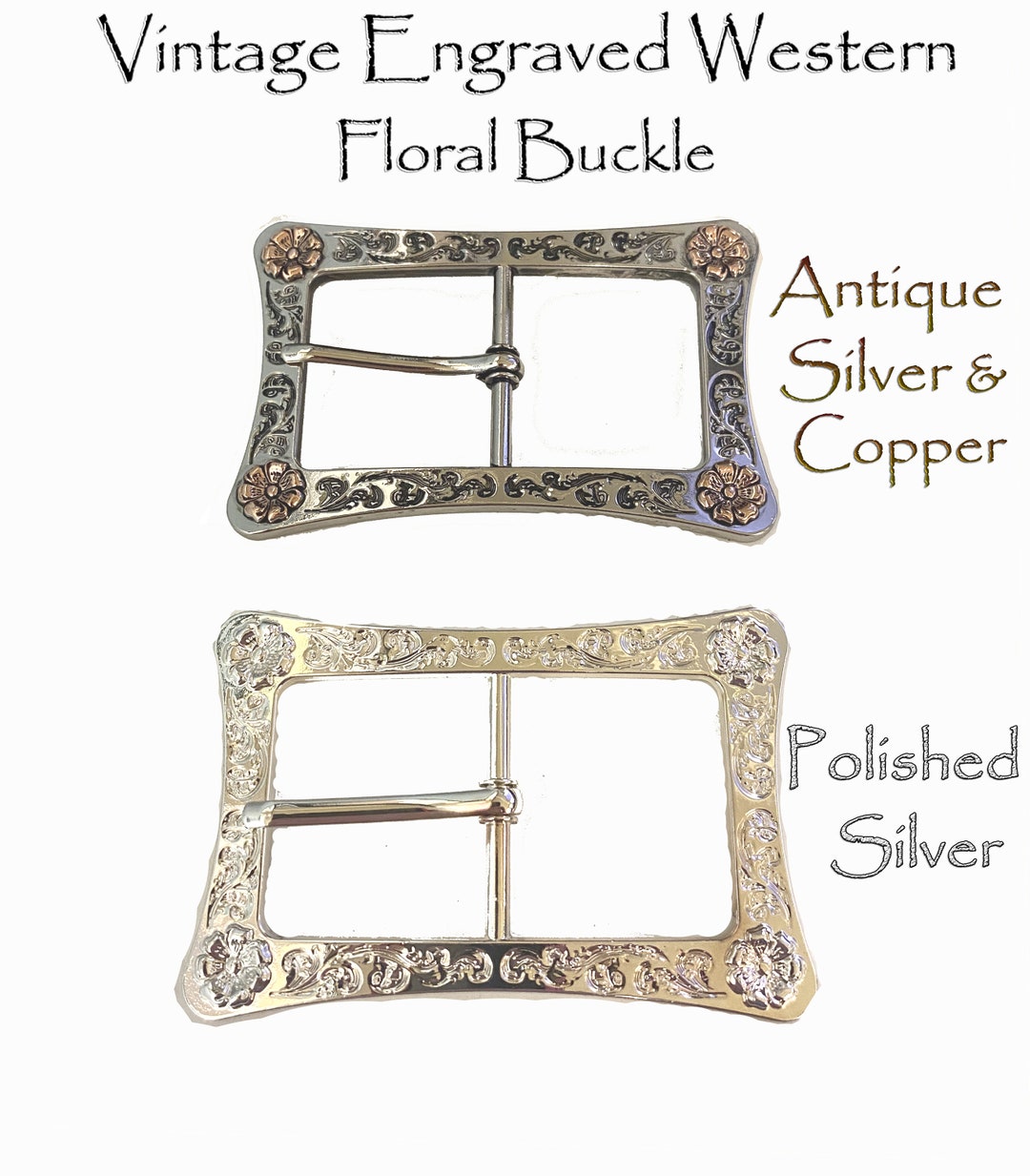 Vintage 1970s Sterling Silver Western Belt Buckle Set - Floral w/Copper Accents Vintage Western Floral Engraved Belt Buckle: Silver & Copper  main image 3