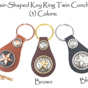 Handcrafted Leather Pair-Shaped FOB Key Holder with (2) Rope Edge Conchos (3) Colors for Organizer Made in USA