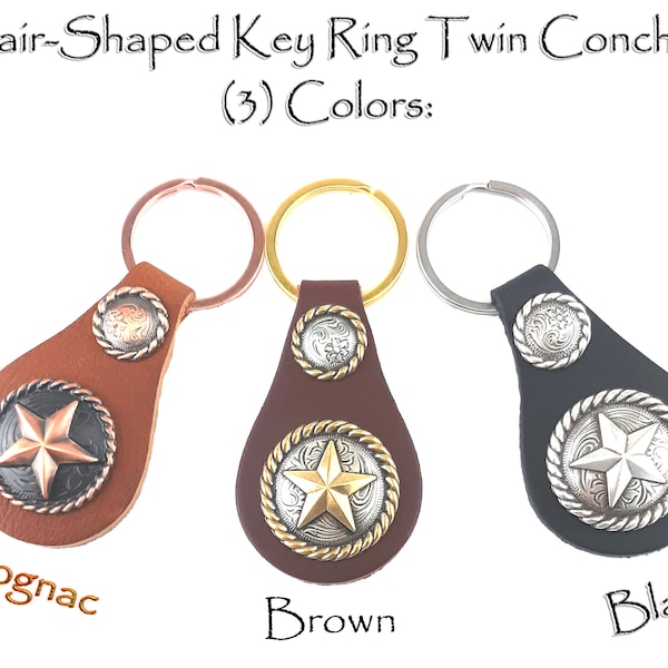 Handcrafted Leather Pair-Shaped FOB Key Holder with (2) Rope Edge Conchos (3) Colors for Organizer Made in USA