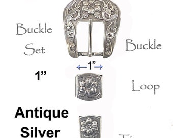 Western Floral Engraved Belt Buckle Set: Antique Silver Finish, Fits 1-inch Strap