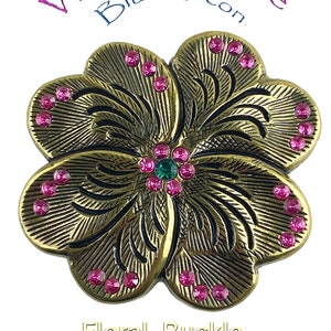 Vintage Style Floral Belt Buckle w/ Blue Zircon and Rose Rhinestones 1-1/2&quot; Belt Straps