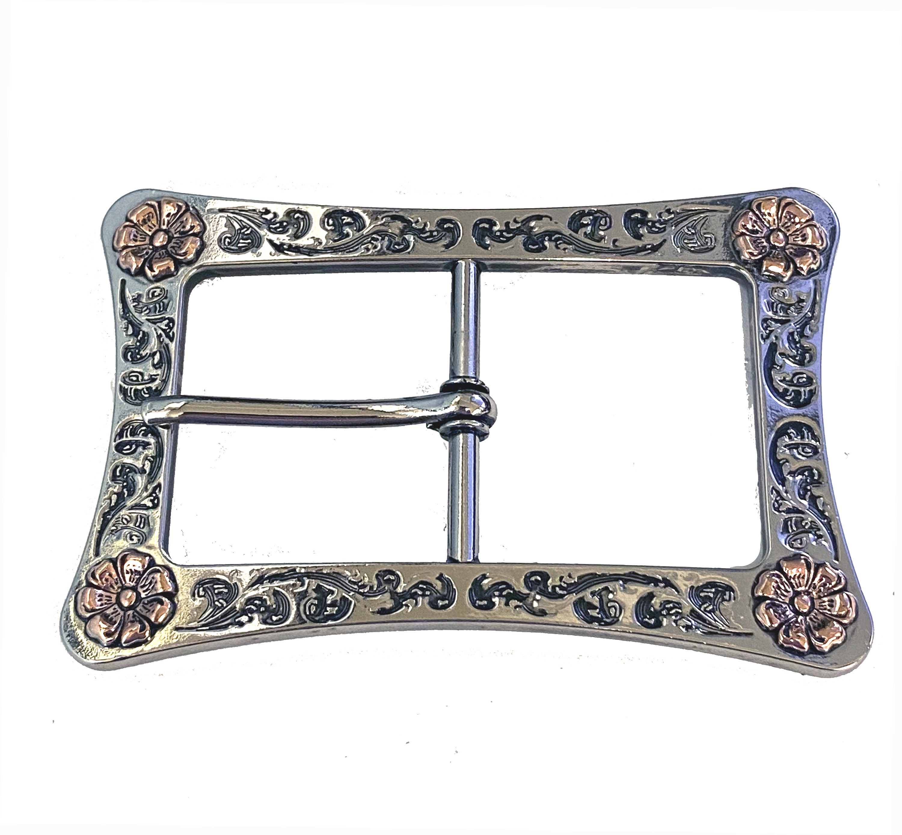 Vintage Western Floral Engraved Belt Buckle: Silver & Copper 