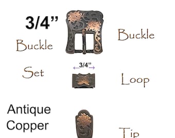 Western Floral Engraved Hand Polished Belt Buckle Set Fits 3/4" (19mm) Belt (Antique Copper)