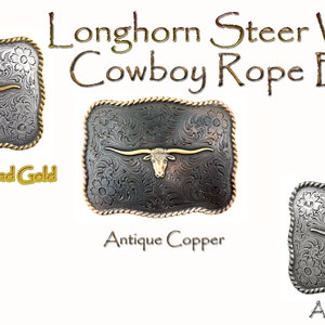 Longhorn Steer Skull Belt Buckle - Steer Bull - Cowboy Trophy - Engraved - Horn - Western Rope Edge - Belt Buckle -3 Finishes