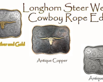 Longhorn Steer Head Western Rope Belt Buckle with Sterling Silver Finish