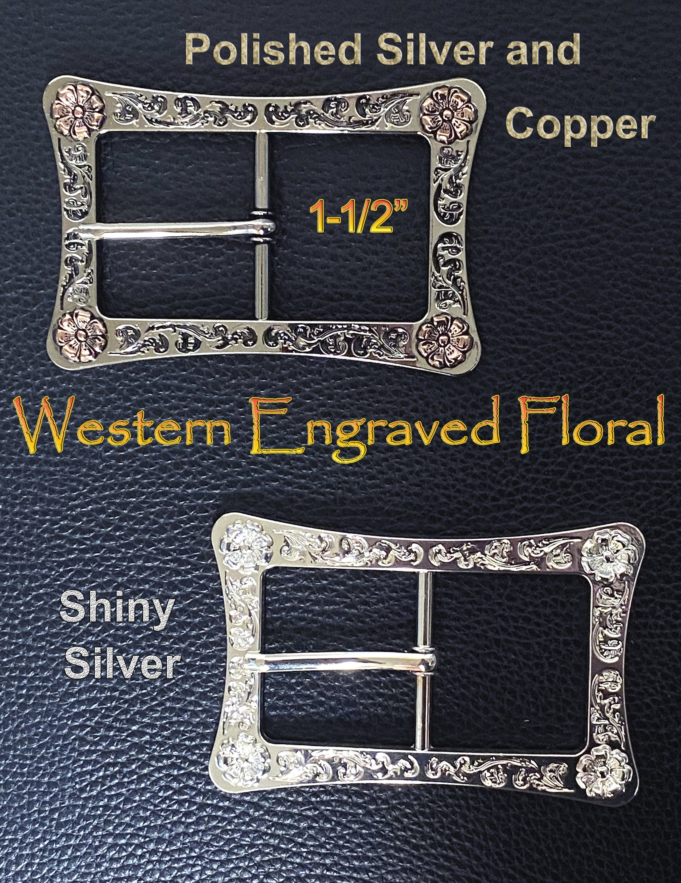 Vintage 1970s Sterling Silver Western Belt Buckle Set - Floral w/Copper Accents Vintage Western Floral Engraved Belt Buckle: Silver & Copper  main image 2