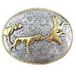 Hunting Dogs & Birds Belt Buckle: Western Silver-and-Gold Plated Trophy fits 1-1/2" Belts