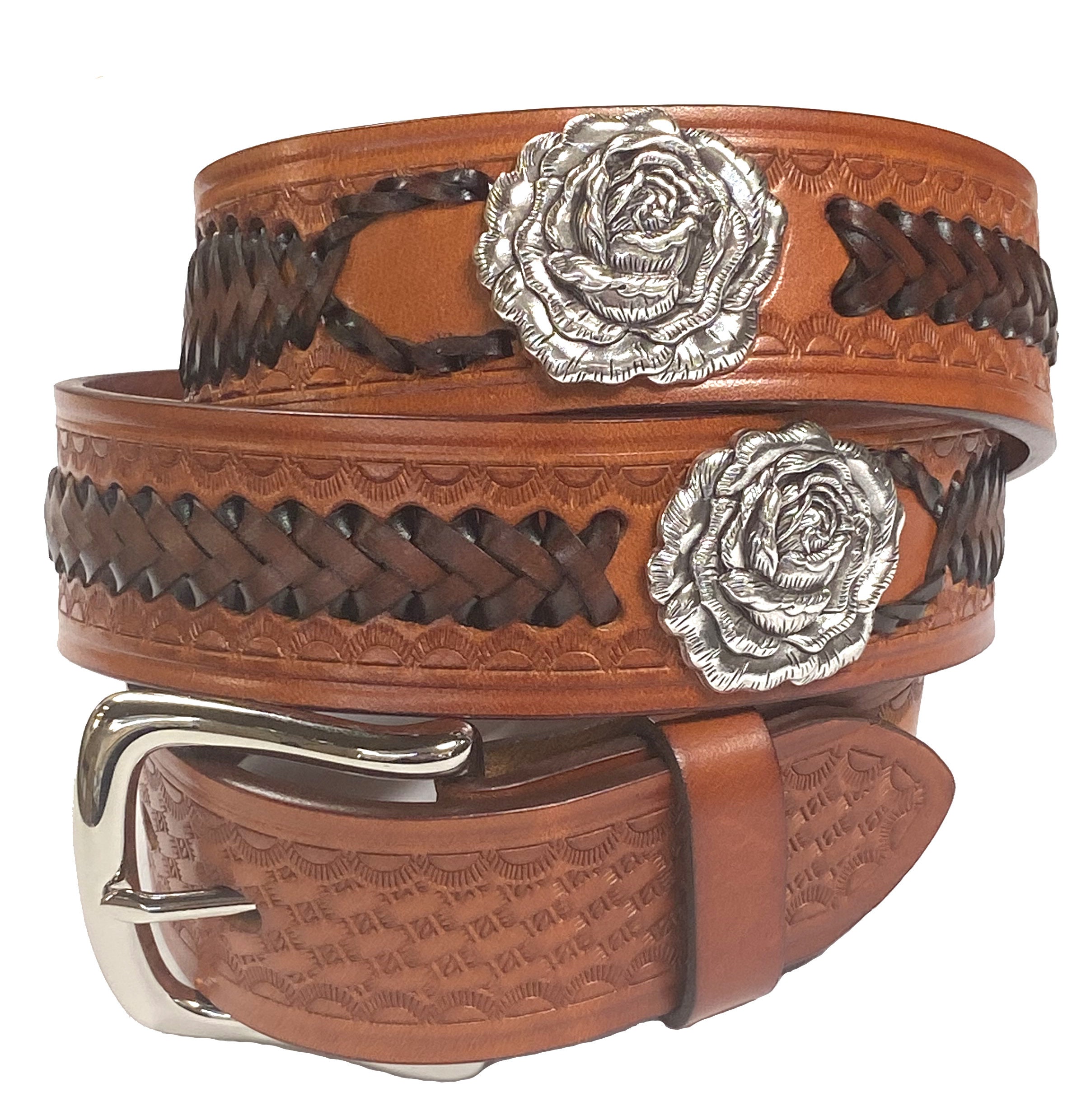 Handmade Woven Leather Belt: Western Rose Conchos, Vintage  display picture 1