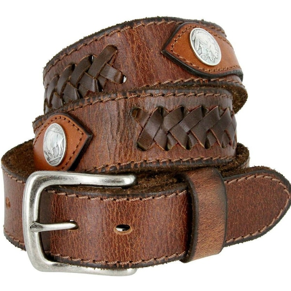 Men's Vintage Style Full Grain Hand Laced Leather Belt (4) Buffalo Nickle Conchos: 32"- 46" 1-1/2" WIDE