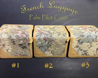 Vintage French Luggage Company Palm Pilot Organizer Case with Gift Box Canvas Paradise Tapestry with Tan Leather