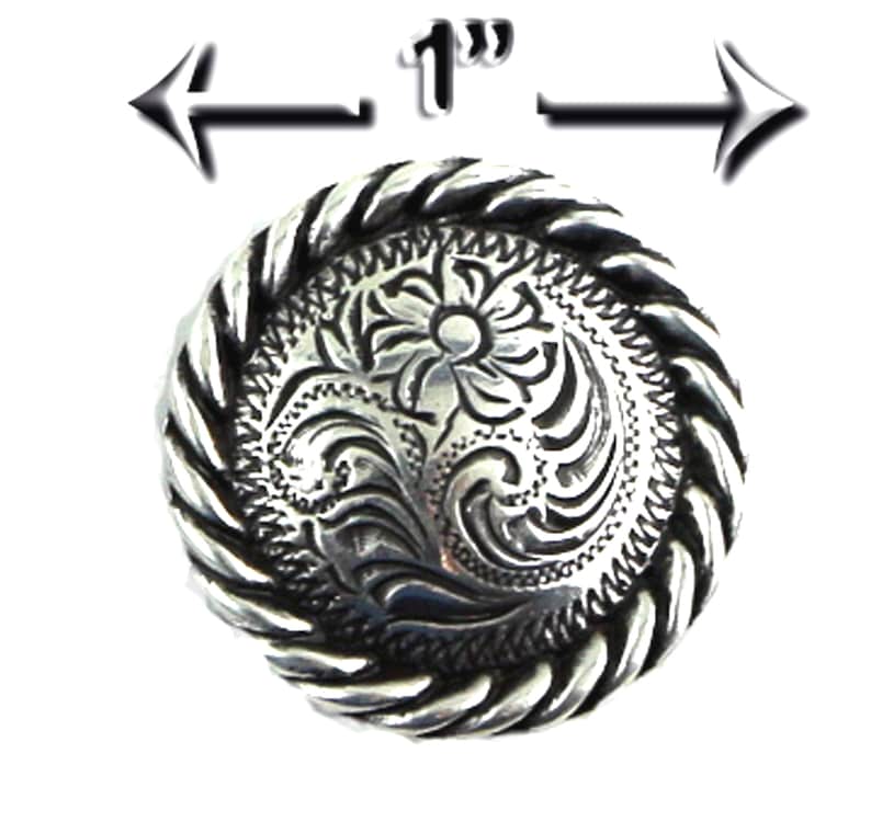 May include: Silver-toned metal button with a rope-like border and a floral design. The button is 1 inch in diameter.