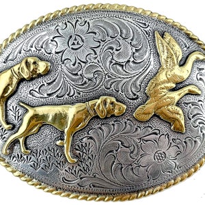 Oval Rope Edge Dogs and Birds Hunting Trophy Western Style Silver-and Gold-Plated Belt Buckle fits 1-1/2&quot; Belt