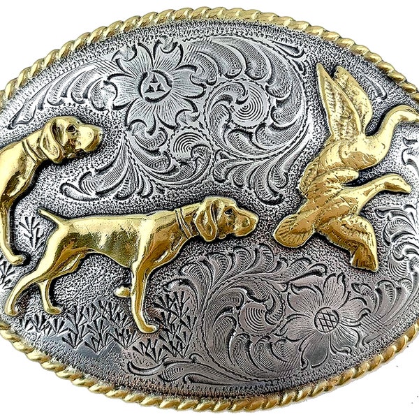 Oval Rope Edge Dogs and Birds Hunting Trophy Western Style Silver-and Gold-Plated Belt Buckle fits 1-1/2" Belt