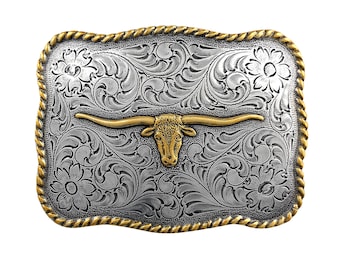 Western Rope Edge Longhorn Steer Trophy Buckle - Engraved Cowboy Design - 3 Finish Choices
