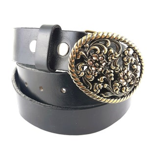 Black Full Grain Leather Belt with Rhinestone Fillagree Buckle, Vintage Style 1-1/2&quot; wide