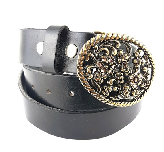 Black Full Grain Leather Belt With Rhinestone Fillagree  display picture 1