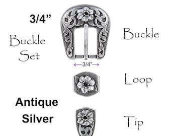 Western 3-D Floral Engraved Hand Polished Belt Buckle Set Fits 3/4" (19mm) Belt (Antique Silver) S5445-1 LASRP