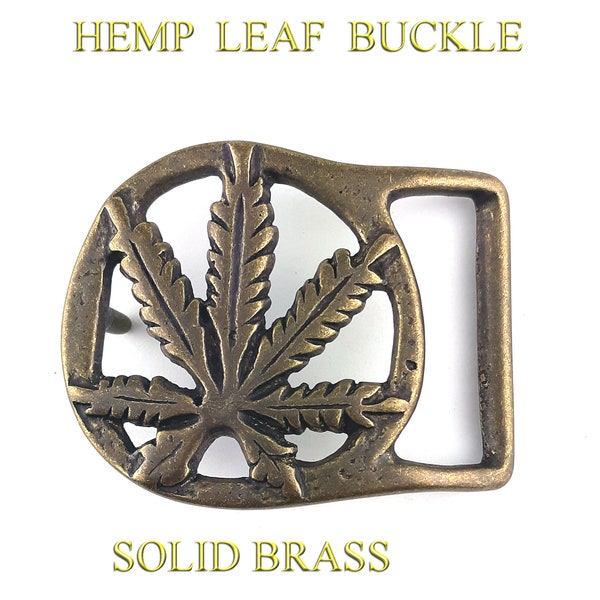 Vintage Style Hemp Leaf Marijuana Pot 420 - Stoner Hippie Retro Solid Brass Belt Buckle  Fits 1-1/2" to 1-3/4" Belt Straps