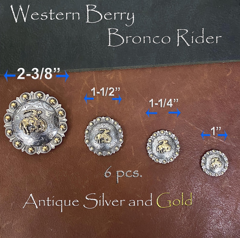 Western Conchos: Antique Silver Gold Bronco Rider Berry Set (6 Pieces ...