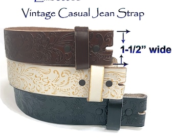 Vintage-Style Embossed Casual Leather Belt Strap 100% Cowhide Belt Strap ALL Sizes - Snaps for Changing Buckles -Women's - Men's NEW