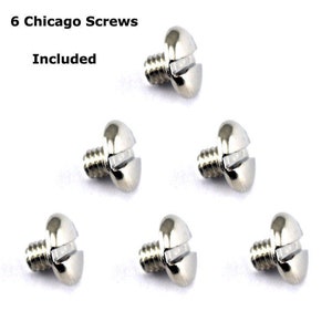 May include: Six silver Chicago screws, also known as machine screws, are shown in a close-up image. The screws have a flat head and a slotted drive. The text "6 Chicago Screws Included" is visible above the screws.