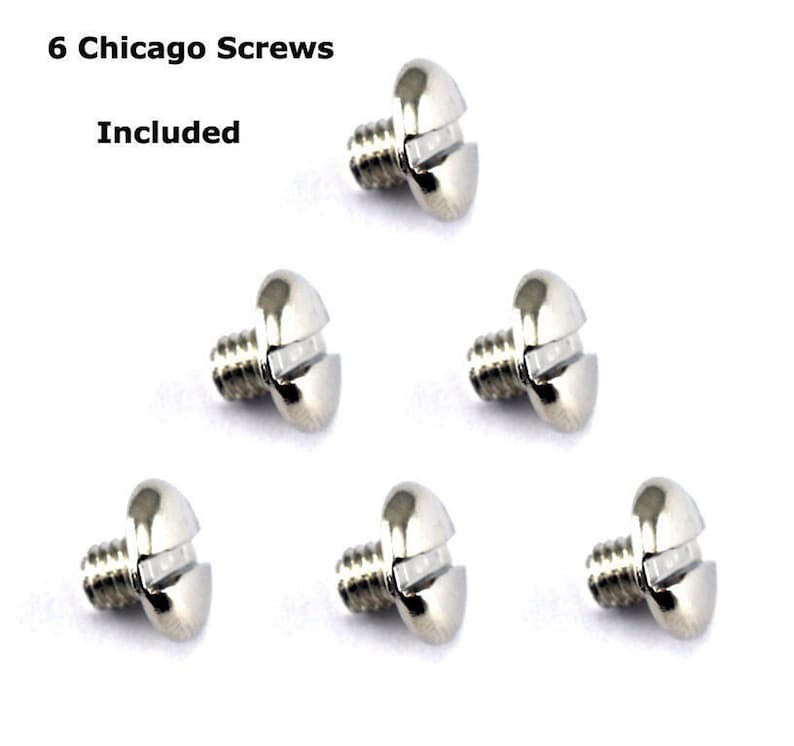 May include: Six silver Chicago screws, also known as machine screws, are shown in a close-up image. The screws have a flat head and a slotted drive. The text "6 Chicago Screws Included" is visible above the screws.