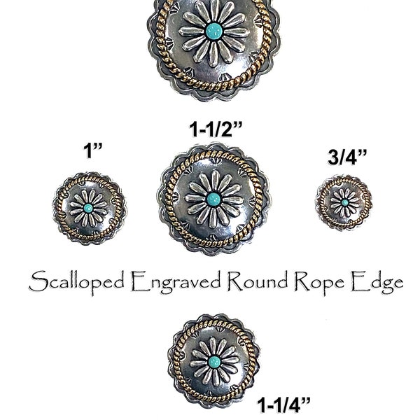 Concho Lot of 6 Antique Silver and Gold Scalloped Turquoise Rope Edge Engraved Western Leather 6343 Series Craft FIVE Sizes New