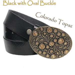 Black Leather Rhinestone Belt: Vintage Brass Buckle, Full Grain Cowhide
