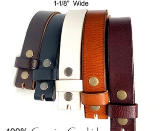 Vintage-Style Casual 1-1/8" wide Leather Belt Strap 100% Cowhide (FIVE COLORS) - Snaps for Changing Buckles -Women's - Men's Great Gift