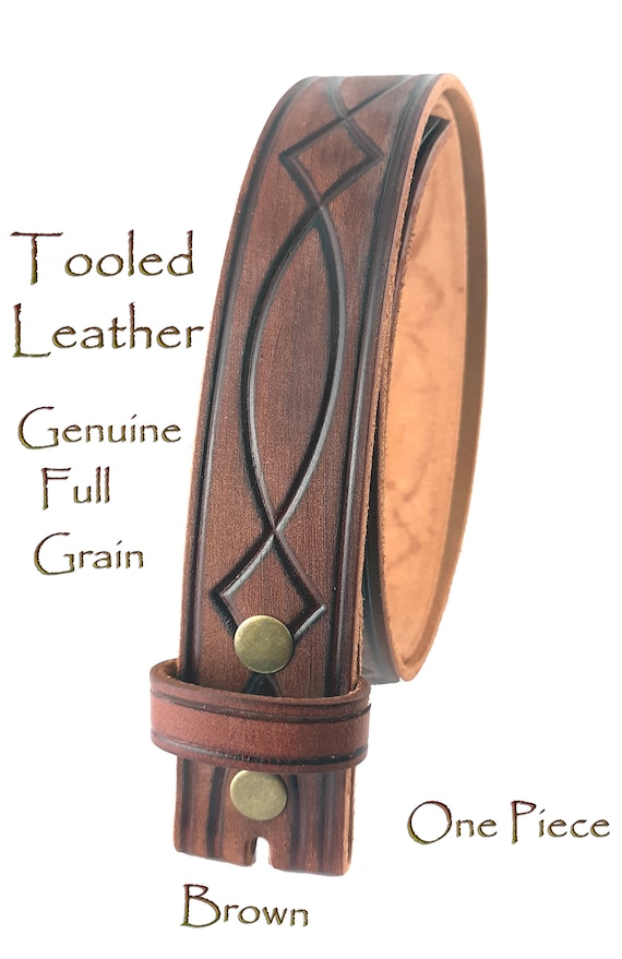 Tooled Engraved Brown Leather Snap Belt Strap - 10
