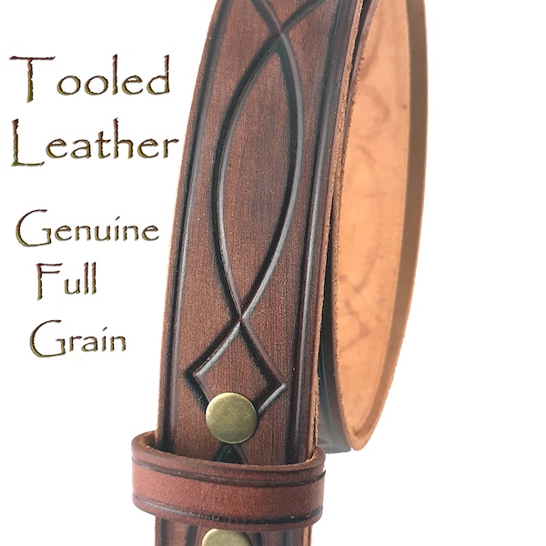 Tooled Engraved Brown Leather Snap Belt Strap - 100% Full Grain Vintage Style Western Style Cow Hide Removable Strap 1-1/2" WIDE NEW