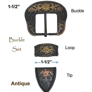 Western Floral Engraved Belt Buckle Set: Antique Copper, Fits 1-1/2" Straps