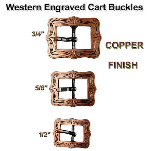 Western  Engraved Center Bar Cart Bridle Buckle Antique Copper Rodeo 3 Sizes