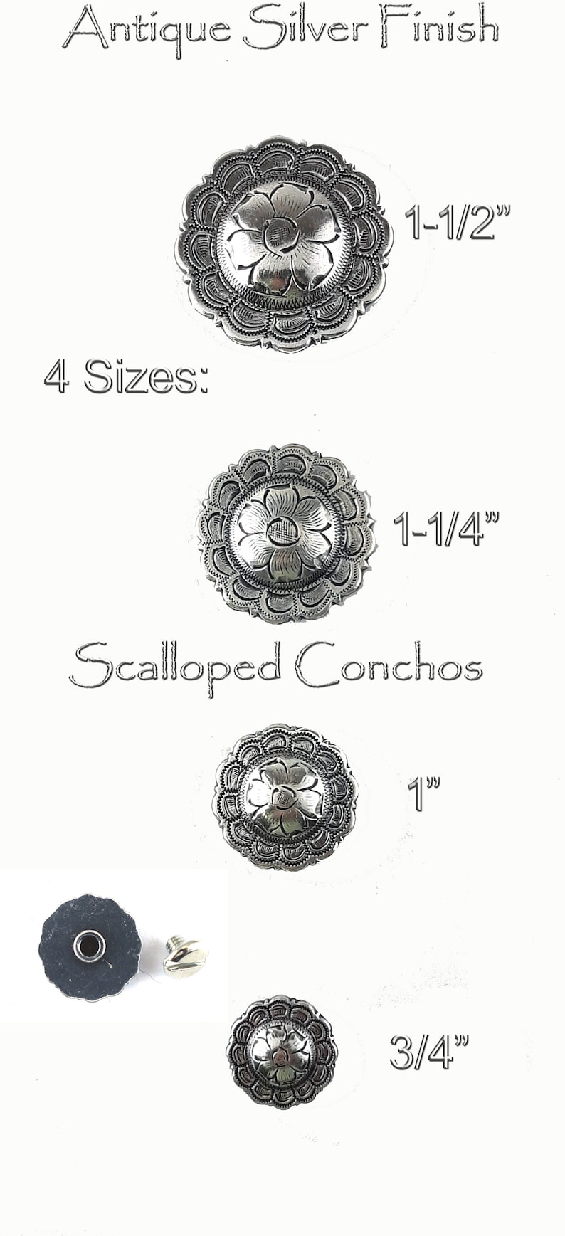 Antique Silver Floral Conchos - Screw Back - 4 Sizes - (lot of 6 Pcs ...