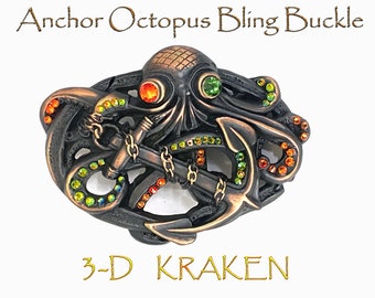 Anchor Octopus Kraken 3D Engraved Buckle Blinged Crystal Belt Buckle Antique Copper Finish