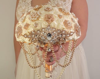 Rose Gold and Ivory Cascading Brooch Bouquet