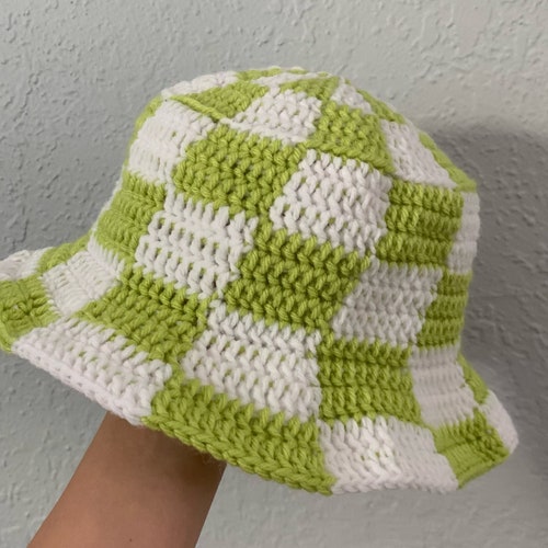 Crocheted Checkered Bucket Hat Green and White Etsy