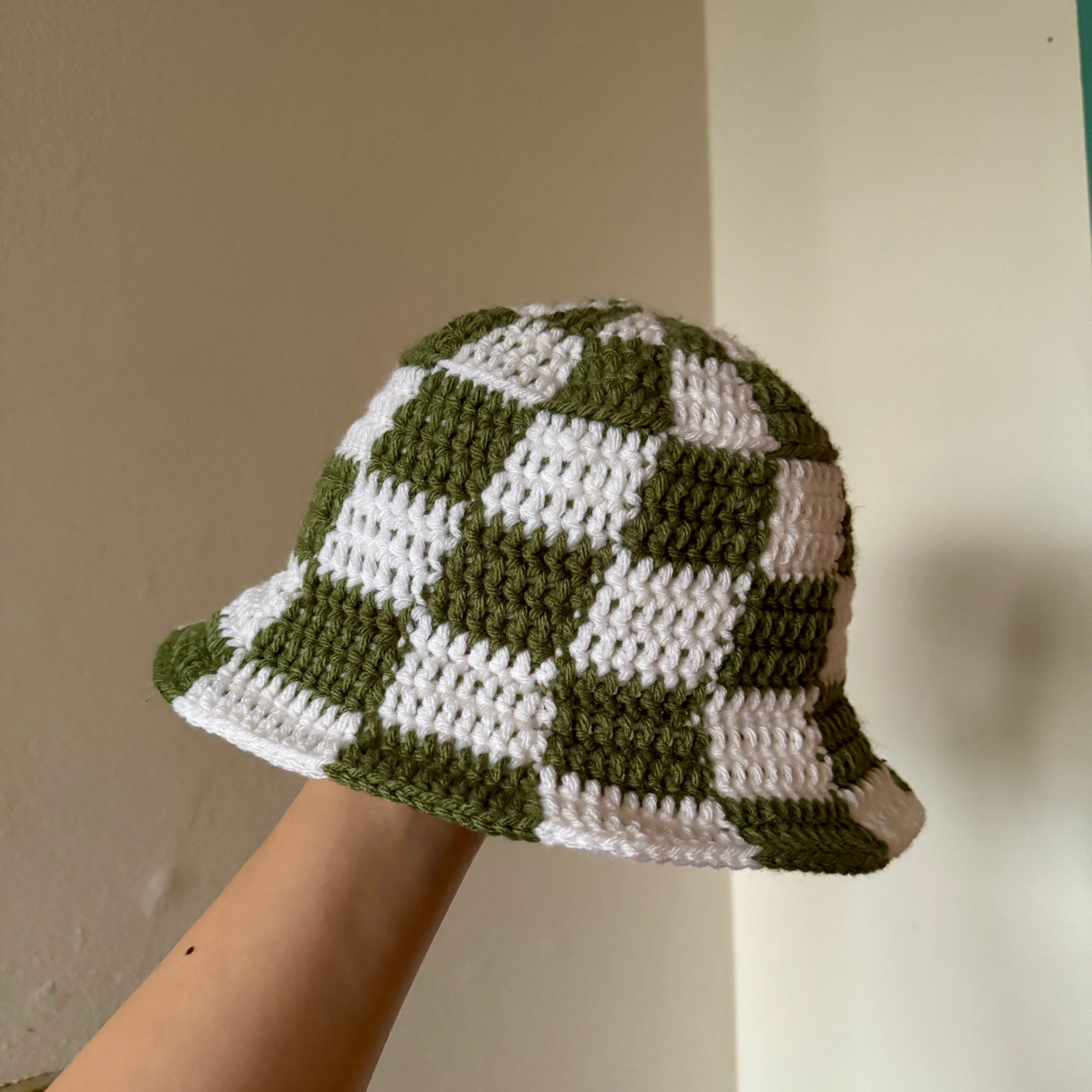 Crocheted Checkered Bucket Hat Green and White India