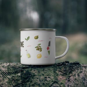 palästinensische Städte Emaille Camping Becher, Oliven Olivenöl Wassermelone Karte Design, Reisegeschenk, Lagerfeuer Tasse, Fernweh Becher, Abenteuerbecher,