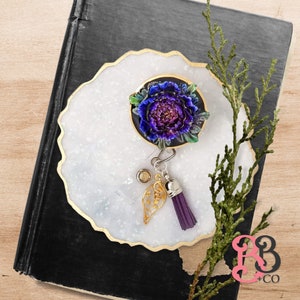 Floral Badge Reel - Purple Flower with Tassel and Handmade Embellishment