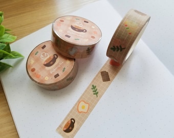 Cozy Cafe Washi Tape | Kawaii Food Illustrated Decorative Planner Tape (15mm x 10m)